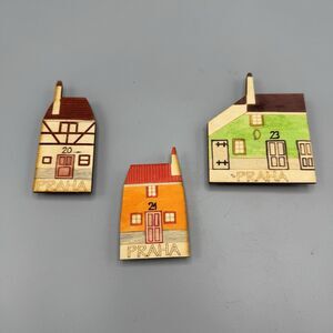 Wood Praha Refrigerator Magnets Set of 3 House Shape Prague Travel Souvenirs